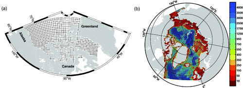 Fig. 2 (a) The CAA configuration and (b) The pan-Arctic configuration with the background bathymetry (m).