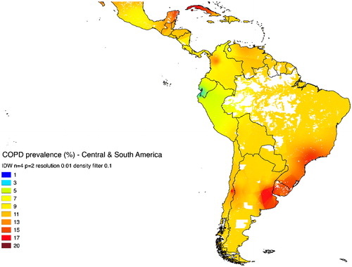 Figure 3. IDW interpolation map of COPD prevalence in Central America, Caribbean and South America. A very high prevalence appears in the Atlantic Ocean coastal regions of southeast Brazil, Uruguay and the Argentine Pampas. In general, most of the remaining regions of Central America, Caribbean and South America show intermediate/high COPD prevalence, except for the sparsely populated areas of the American basin and southern Patagonia.