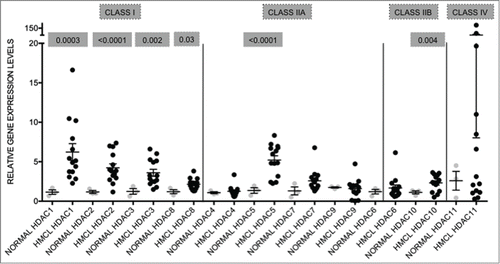 Figure 1. HDAC genes are overexpressed in human myeloma cell lines when compared to normal plasma cells Expression levels of HDAC in 14 human myeloma cell lines (HMCL) were compared to normal plasma cells (normal; n = 9 ). Class I HDAC (HDAC1, HDAC2, HDAC3, and HDAC8) were all significantly overexpressed. Among the class II HDAC, HDAC5 and HDAC10 were significantly overexpressed. Data are presented as mean±SEM. Significant differences were calculated with t-test utilizing GraphPad Prism 5.0d. p-values are indicated.