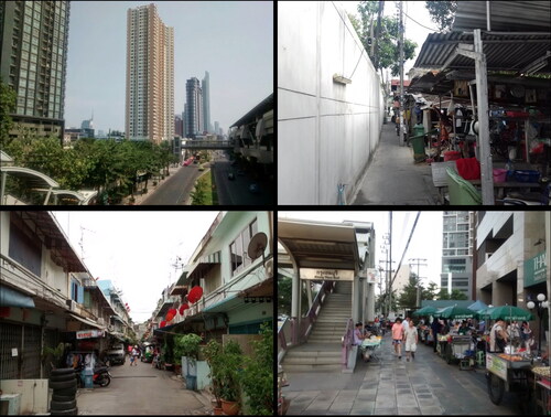 Figure 2. Clockwise from top left: (a) condominiums by the mass transit line (b) a condominium walled off from local neighbourhood housing (c) street vendors selling at Krongthon Buri station (d) a typical soi of shophouses. Photos: author.