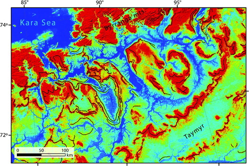 Figure 2. Moraine ridges and complex moraine zones (black lines on moraine crests) on the Taymyr Peninsula reflecting the past extent of the Kara Sea and Byrranga Mountains ice sheets. The moraines are hundreds of kilometres long and about 100 m high.