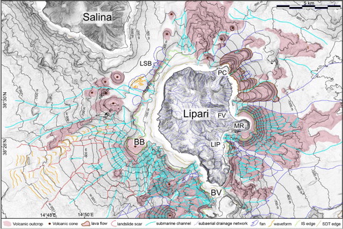 Figure 3. Morphological map of Lipari offshore, showing the main volcanic and erosive-depositional features.