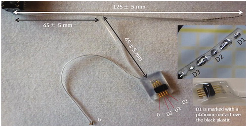 Figure 38. Electrode array that carries three additional diagnostic channels at the apical end of the electrode array. The diagnostic contacts are wired separately and have its connector for connecting it to external devices to record the cochlear microphonics. Image courtesy of MED-EL.