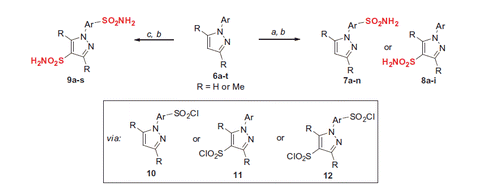 Scheme 1. Mono- and bis-sulfonamide synthesis via direct sulfochlorination of 6a–t. Reagents and conditions: (a) ClSO3H (10 equiv.), SOCl2 (1.1 equiv.), 10–70 °C, 1–24 h; (b) aq. NH3 (20 equiv.), acetone, 50 °C, 1 h; (c) ClSO3H (20 equiv.), SOCl2 (2.2 equiv.), 70–120 °C, 7–48 h.