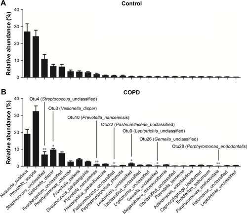 Figure 5 Relative abundance of the 25 most abundant OTUs detected in smokers with or without COPD.