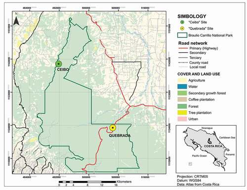 Figure 1. Location of “Ceibo” and “Quebrada” study sites within the Braulio Carrillo National Park, Costa Rica, 2017–2018
