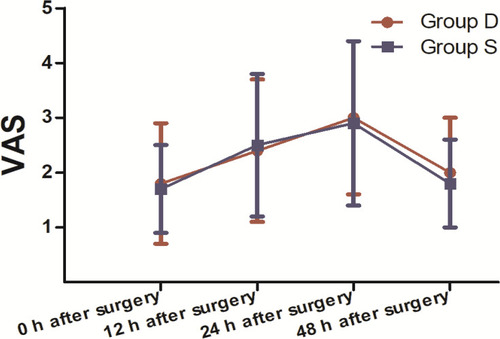 Figure 3 Evaluation of the patient-reported pain score (VAS) between the two groups during the postoperative period. Comparison of pain scores of both groups at 0, 12, 24 and 48 h after surgery (30 patients in each group, data are expressed as mean ± SD). There were no significant differences in pain scores between the two groups (according to the Mann–Whitney U-test) during the postoperative period (P>0.05).