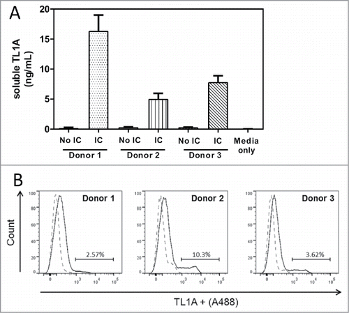 Figure 6. C03V binds to soluble and membrane-bound TL1A expressed by primary human peripheral blood mononuclear cells (PBMC). Soluble TL1A was detected by ELISA using C03V as a capture antibody. For binding experiments, C03V was conjugated to Alexa fluor® 488 and TL1A+ represents cells that bound to C03V. A) Secreted TL1A detected in cell culture supernatants of human PBMCs stimulated with immune complexes (n = 3 donors, mean + SEM). (B) Representative histogram of C03V binding (solid line) and isotype control (broken line) to membrane-bound TL1A on peripheral blood mononuclear cells isolated from human donors. Cells were analysed by gating for single, live cells (n = 3 donors corresponding to donors from (A)).