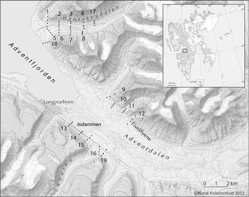 Fig. 1  The study areas in Adventdalen (Isdammen and Fivelflyene) and Hanaskogdalen, Svalbard, where evidence of grubbing was registered. The sampling plots (four in each transect; total n=76) in the 19 altitudinal transects are marked with black dots on the map. Illustration: Oddveig Øien Ørvoll, Norwegian Polar Institute, 2012.