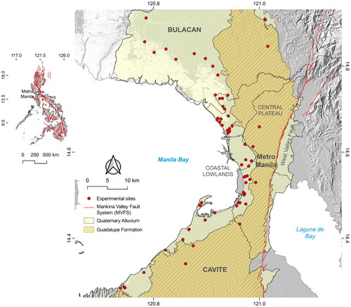 Figure 1. Experimental sites and geological map of Greater Metro Manila area (GMMA), Philippines.