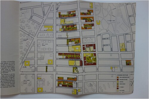 Figure 8. Jonas Vizbaras, Mott Haven Plan 67, plan of the study area showing new construction and rehabilitation as well as pedestrian connections between blocks. Source: NYC Municipal Library.