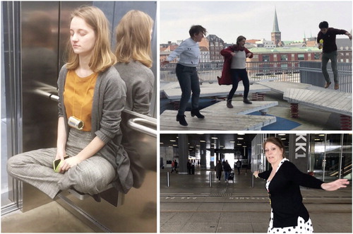 Image 3. Left: Meditating/levitating in a moving elevator. Using imagination and a playful attitude, a foldable bench in an elevator combined with the moment of the lift gives a perfect illusion of levitation. Video: 10.6084/m9.figshare.8256539. Top right: Playing with the place outside Dokk. This is a place dedicated for playing, but normally occupied by children. Screenshot from a video by a participant, 2019. Video: 10.6084/m9.figshare.8256554. Bottom right: Taking the role of a tightrope walker and imagining that rail tracks are a rope to dance and sing upon was performed with an irreverent attitude. Video: 10.6084/m9.figshare.8256545. All videos by participants, 2019.