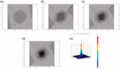 Figure 1. Test 1(a). (a)–(d) Locally adaptively refined meshes of Table 1. (e) Computed solution on the four times adaptively refined mesh (d).