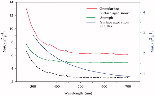 Fig. 5. Correlations of wavelength and MACwsoc in snow and ice on Baishui glacier and LHG glacier.