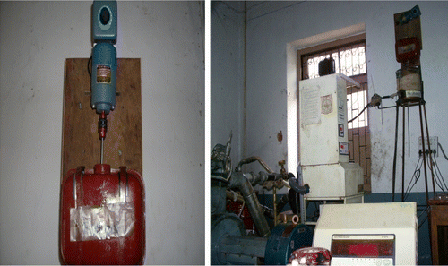 Figure 1 Fuel tank with a mechanical stirrer and its position in the experimental set-up.