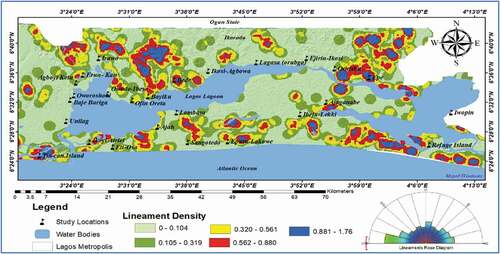 Figure 5. Lineament map and lineament density map of areas around the Lagos Lagoon