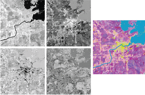 Figure 4. Principal components 1–4 and composite image of first 3 principal components of the International Falls, Minnesota, USA/Fort Frances, Ontario, Canada area.