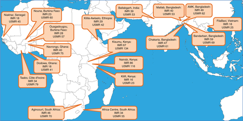 Fig. 1 Location of the 18 contributing INDEPTH HDSSs, showing infant mortality rates (deaths in first year of life per 1,000 live births, IMR) and under-5 mortality rates (deaths in first 5 years of life per 1,000 live births, U5MR) for the period 2006–2012.