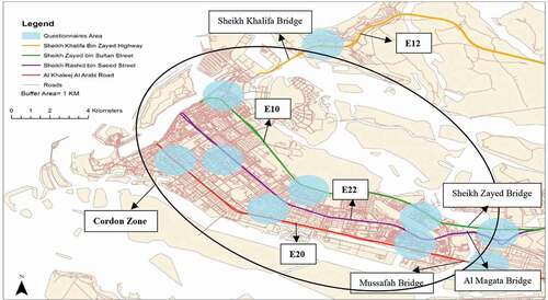 Figure 3. Major highways, cordon zone covering the four main bridges and survey locations in Abu Dhabi city.
