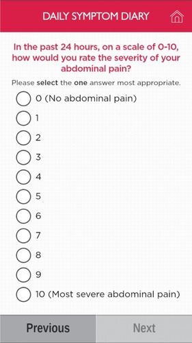 Figure 4 The IBS-D electronic PRO mobile application: Daily Symptom Diary.
