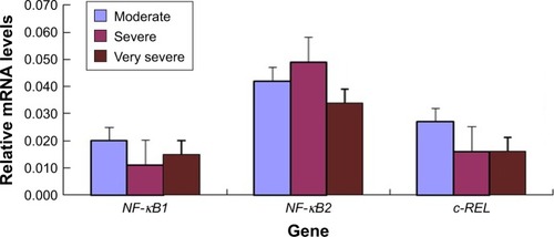 Figure 2 Relative mRNA levels of NF-κB family genes among patients with different severities of COPD. Relative mRNA levels of NF-κB family genes were expressed as the mean value ± standard deviation.