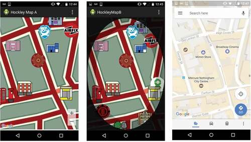 Figure 3. Screenshots of the three map conditions used: Static (left), Dynamic (center) and Google Maps (right).