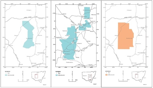 Figure 2. Location of the Yathong (left) and Forbes-Dubbo (centre) AEM surveys, and the Yathong Airborne Magnetic and Radiometric Survey (right).
