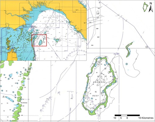 Figure 3. Dipartite nautical chart, edited to highlight detail from Royal Australian Navy (RAN) Hydrographic Service Chart AUS 377 (2009), showing the locations of Boot and Ashmore Reefs (image: RAN Hydrographic Service).