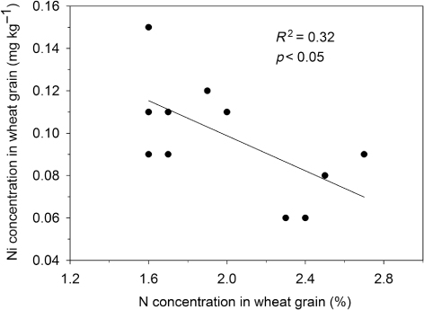 Figure 5. Correlation between nitrogen (N) and nickel (Ni) concentration in wheat grain. Samples from long-term field experiment at Petersborg, 2010 (n = 12).