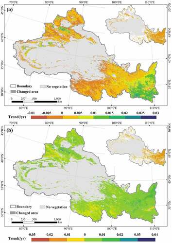 Figure 8. Spatial trends of DFMI (a) and VCI (b) in NWC during 2000–2019. The inset represents the area that passed the significance test (p < 0.05).