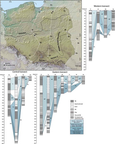 Figure 7. Pleistocene sediment in boreholes along three N-S transects in Poland and westernmost Belarus. Pleistocene ice limits are from Marks et al. (Citation2018).