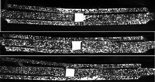 Figure 12. High-speed imaging at the moment of final failure: specimens DSJ-crack4, DSJ-crack5 and DSJ-crack6 (top to bottom) shown. The pre-crack is in the lower left location of the joint.