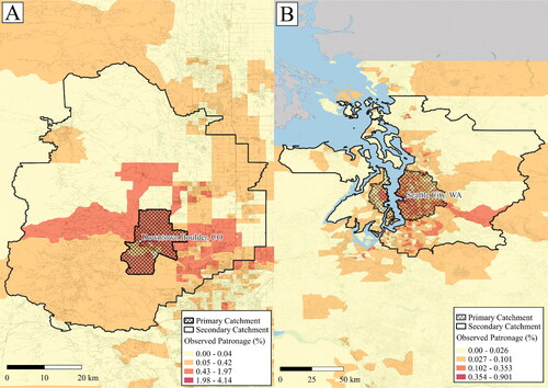 Figure 11 Primary and second catchments for the (A) Downtown Boulder and (B) Seattle City retail centers.