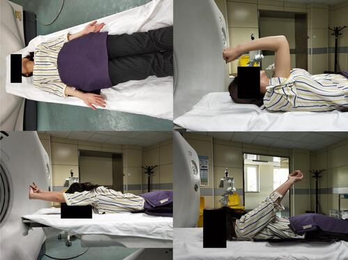 Figure 1 Image shooting movements between the 4 different positions: 1) resting position, 2) 90° of anterior flexion, 3) complete anterior flexion, and 4) complete posterior extension of the shoulder.