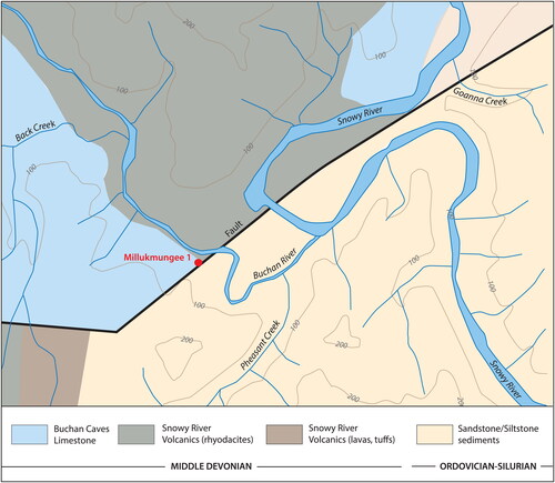 Figure 6. Simplified geological map of the Millukmungee 1 study area (figure by Jean-Jacques Delannoy, after Orth et al. Citation1995).