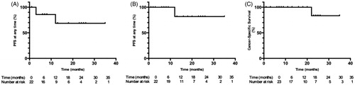 Figure 4. Kaplan–Meier survival curves for patients with stage T1b renal cell carcinoma treated with cryoablation. (A) Progression-free survival excluding secondary technique efficacy (B) Progression free-survival including secondary technique efficacy (C) Cancer-specific survival.