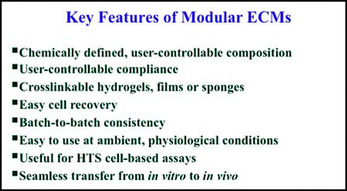 Figure 1 Performance criteria for sECMs for 3-D cell culture and translational utility.