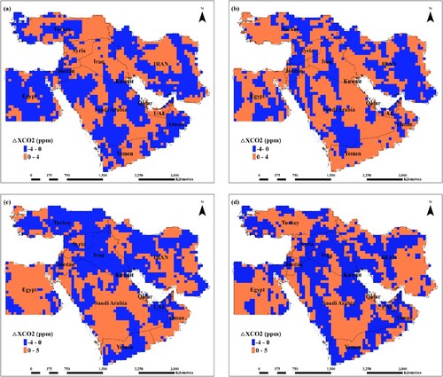 Figure 9. The ΔXCO2 difference in (a) March 2020 – March 2019 (b) April 2020 – April 2019 and for (c) March 2019 – March 2018 and (d) April 2019 – April 2018.