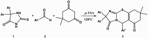 Scheme 1. Synthesis of 8,8-dimethyl-2,2,5-triaryl-8,9-dihydro-2H-benzo[e]imidazo[2,1-b][1,3]thiazine-3,6(5H,7H)-diones.