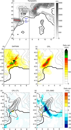 Fig. 6 (a) The north-western Mediterranean region as represented by WRF model at 20 km resolution (topography with contours every 500 m); (b,c) accumulated precipitation over the 22 and 23 September 1994 (mm). (b) In SAFRAN/F analysis at 8 km resolution using ground data observations. (c) In CPL; (d,e) CPL 2 d-accumulated precipitation (contour every 50 mm), colours: Rain difference cumulated over the 2 d between. (d) CPL and CTL simulations and (e) CPL and SMO simulations.