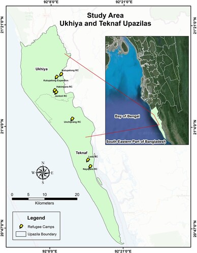 Figure 2. Study area, showing the administrative boundary of Ukhiya and Teknaf Upazilas and the Rohingya refugee camps located in the area.