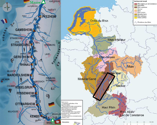 Figure 1. Vue en plan du Rhin supérieur, secteur Kembs-Iffezheim (source : CIPR, Citation2021 ; EDF, Citation2010), et position des stations hydrométriques de Bâle et Maxau.