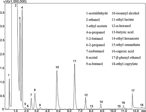 Figure 2. Typical gas chromatogram of an experimental liquor sample.Figura 2. Cromatograma de gases típico de una muestra de licor experimental