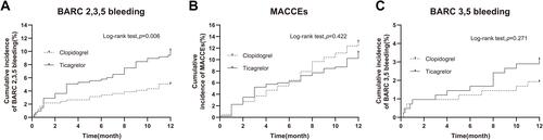 Figure 2 Cumulative incidence of BARC 2, 3, and 5 bleeding (A), MACCEs (B), BARC 3 and 5 bleeding (C) during 12 months follow-up for ticagrelor vs clopidogrel based dual antiplatelet therapy in propensity-matched patients depicted by Kaplan–Meier survival curves.