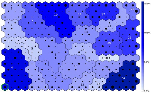 Fig. 2 SOM trained using NCEP data. The size of the black hexagon superimposed on each unit is proportional to the number of hits that unit received for the NCEP data. The colour of each cluster shows the frequency of occurrence of that cluster, the darker the blue, the more frequently it occurred in NCEP. The cluster numbers are written on each cluster. Unit outlined by a green dotted line (bottom left corner) is unit 15, which is shown in Fig. 1.