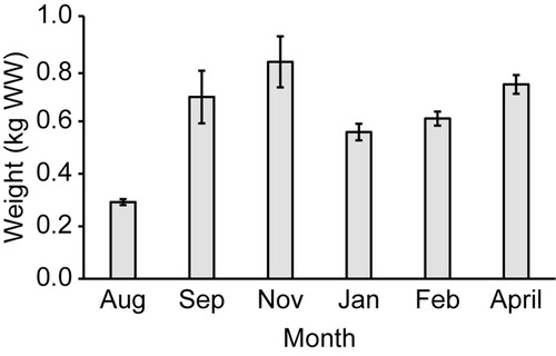 Figure 6. Average (± SD) weight (kg WW) of control lines for each monitoring month (n = 9).