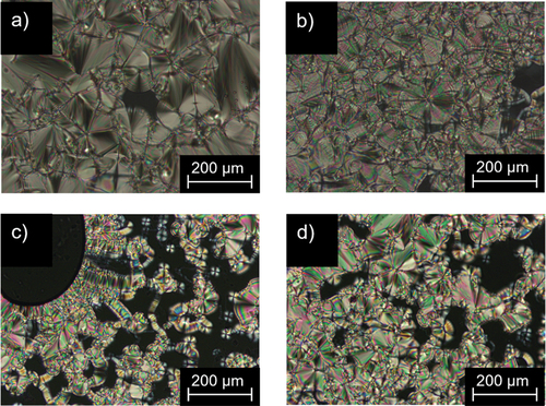 Figure 1. (Colour Online) POM images of 17(O-10) at (a) 82°C and (b) 45°C and (c) 17(O-12) at 85°C and (d)75°C (200 × magnification, taken upon cooling from the isotropic phase (5 K · min−1).