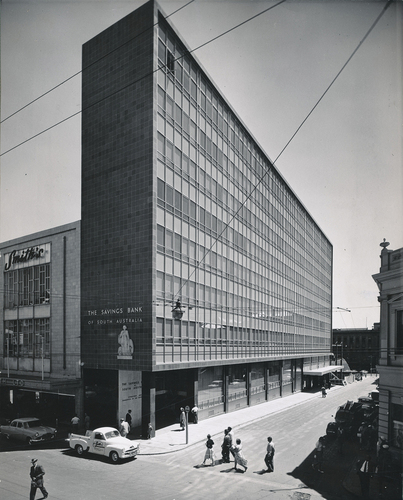 Figure 1. Savings Bank of South Australia, Bank Street, Adelaide, Caradoc Ashton, Fisher, Woodhead & Beaumont Smith Architects, unknown photographer, 1958, Hall collection S470/1, Architecture Museum, University of South Australia.