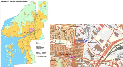 Figure 1. Left, a map of the municipality of Gothenburg, with the island of Hisingen to the north and the neighbourhood of Kvillebäcken marked in pink. Right, a map of Kvillebäcken is marked with the intended locations of the two monuments.