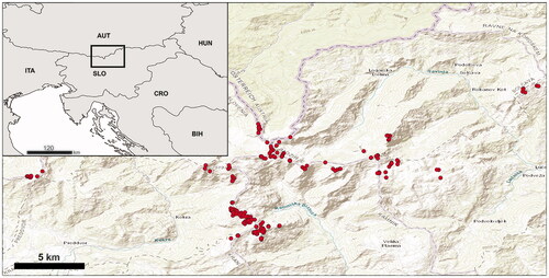 Figure 1. Sampling map of habitat types in the alpine belt (spots) of the Kamnik–Savinja Alps.